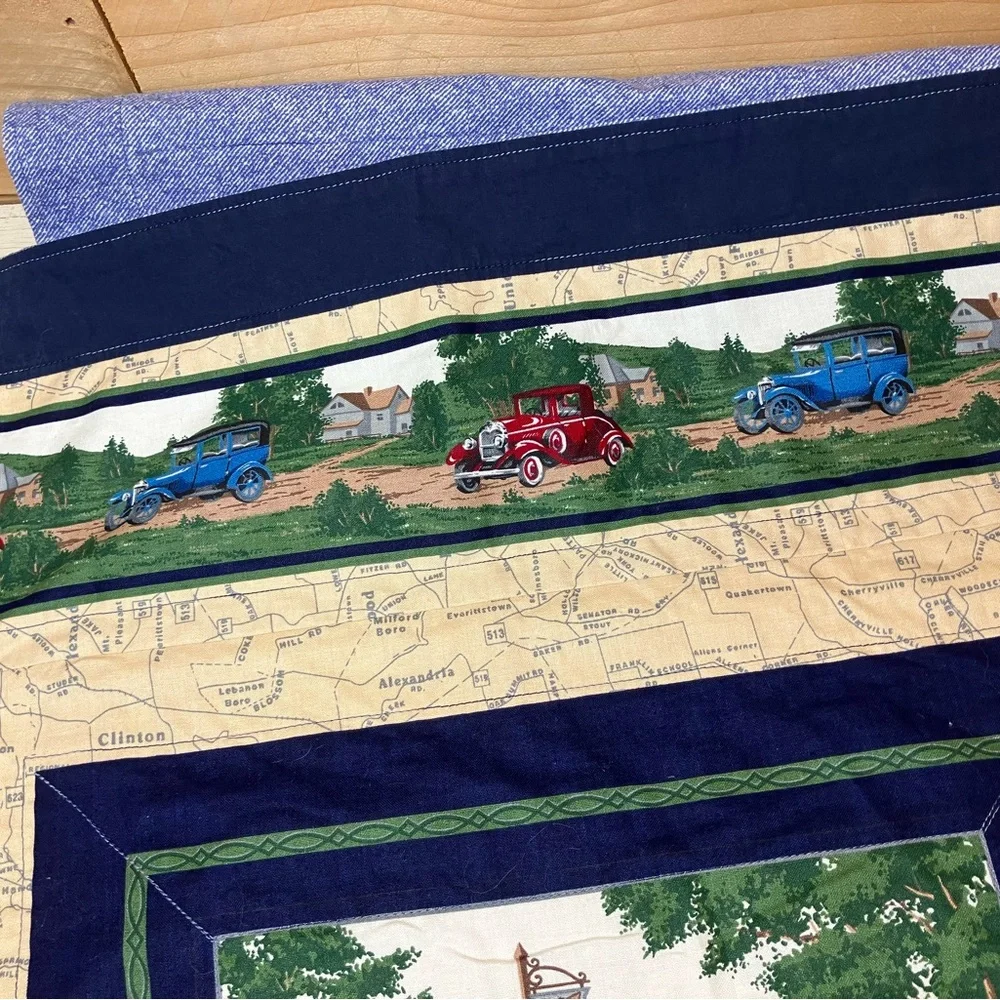 Classic Vintage Car Quilted Throw - Handmade- Panel Design Baby Quilt